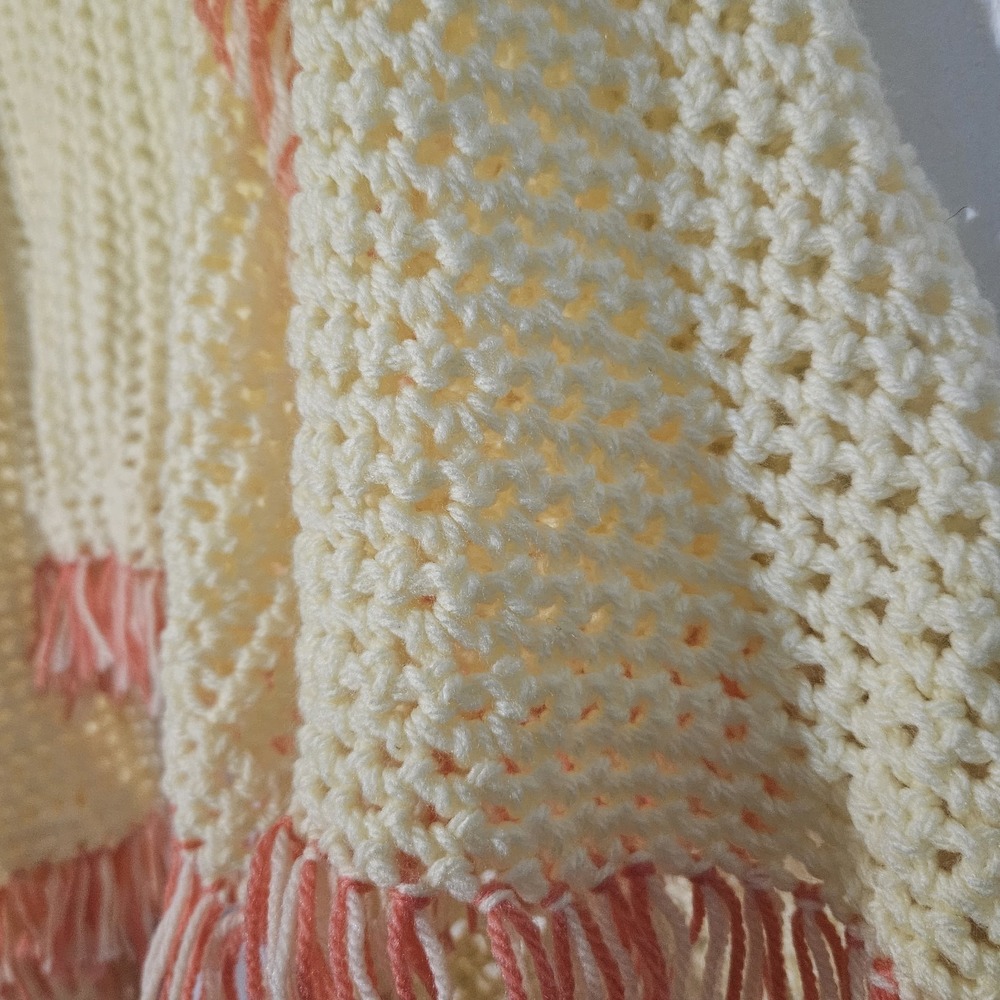 Chrochet Handmade Granny Shawl Lap Blanket Table Runner Yellow Coral Fringe - Picture 4 of 7